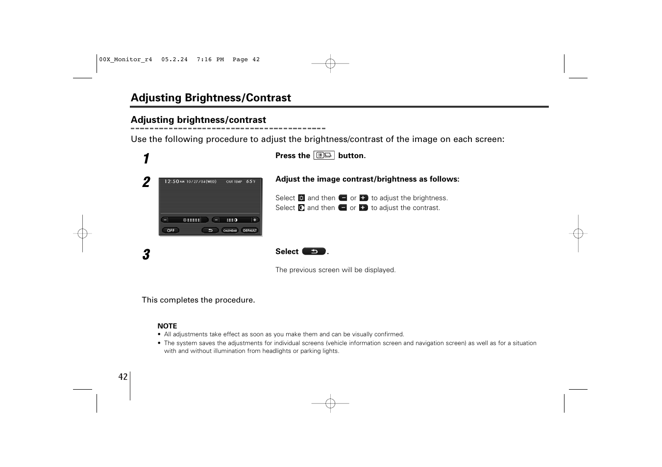 Adjusting brightness/contrast | Subaru Monitor User Manual | Page 41 / 42