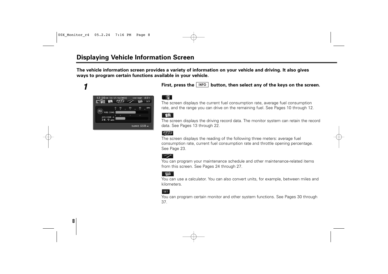 Displaying vehicle information screen | Subaru Monitor User Manual | Page 7 / 42