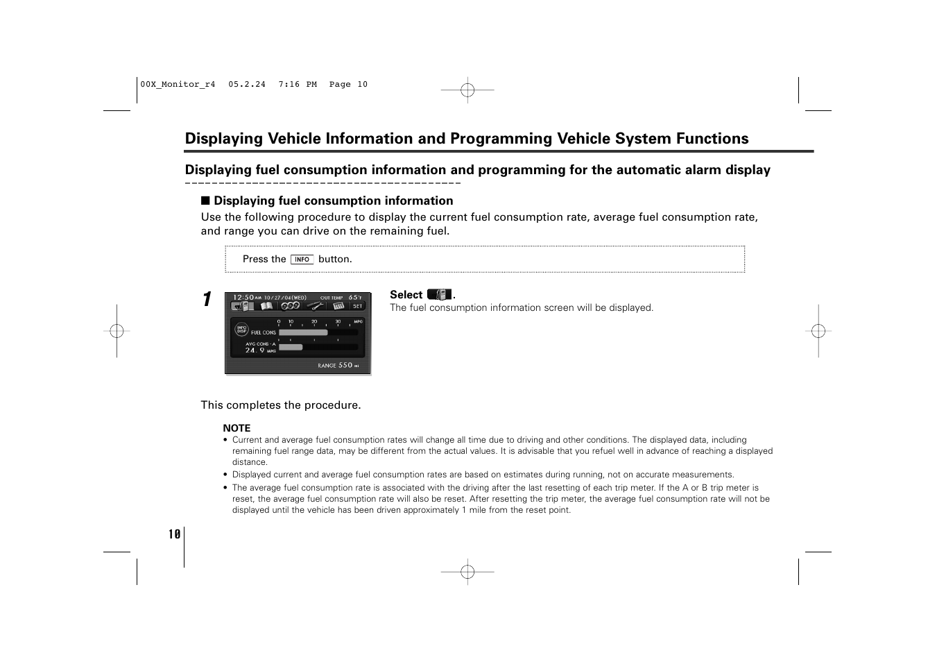 System functions, The automatic alarm display, Displaying fuel consumption information | Subaru Monitor User Manual | Page 9 / 42