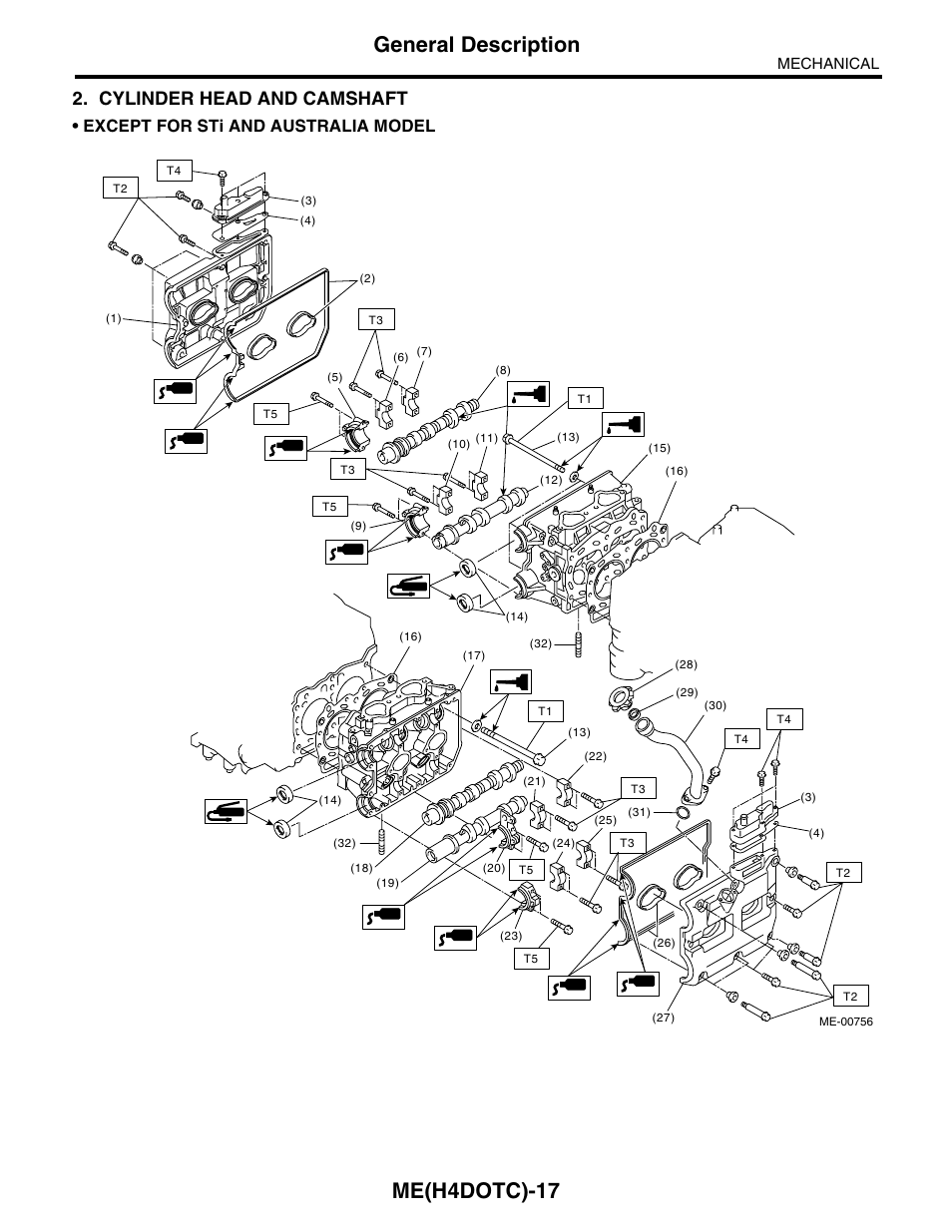 Me(h4dotc)-17, General description, Cylinder head and camshaft | Except for sti and australia model | Subaru Impreza 2004 User Manual | Page 18 / 56