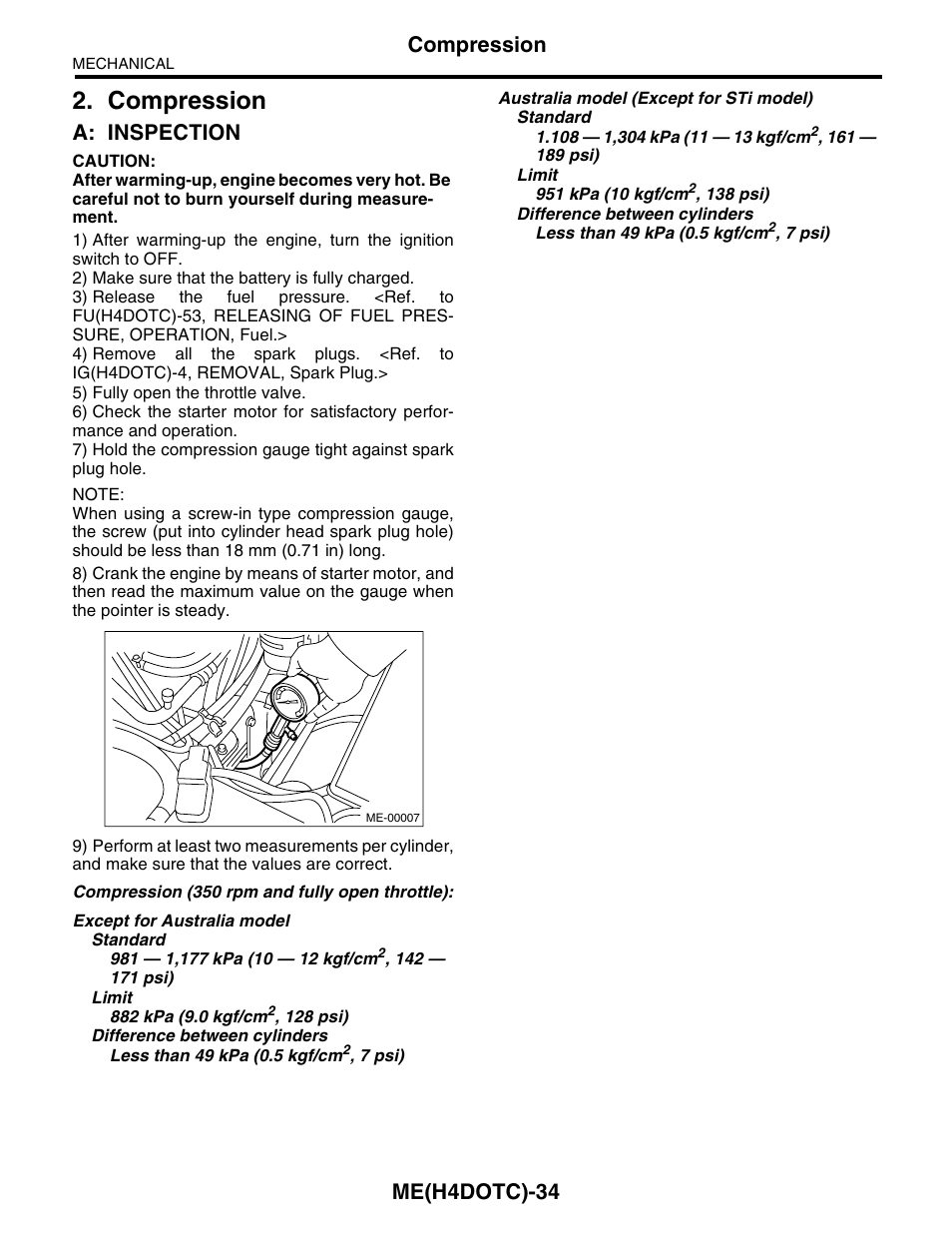 Compression, A: inspection, Me(h4dotc)-34 | Subaru Impreza 2004 User Manual | Page 35 / 56