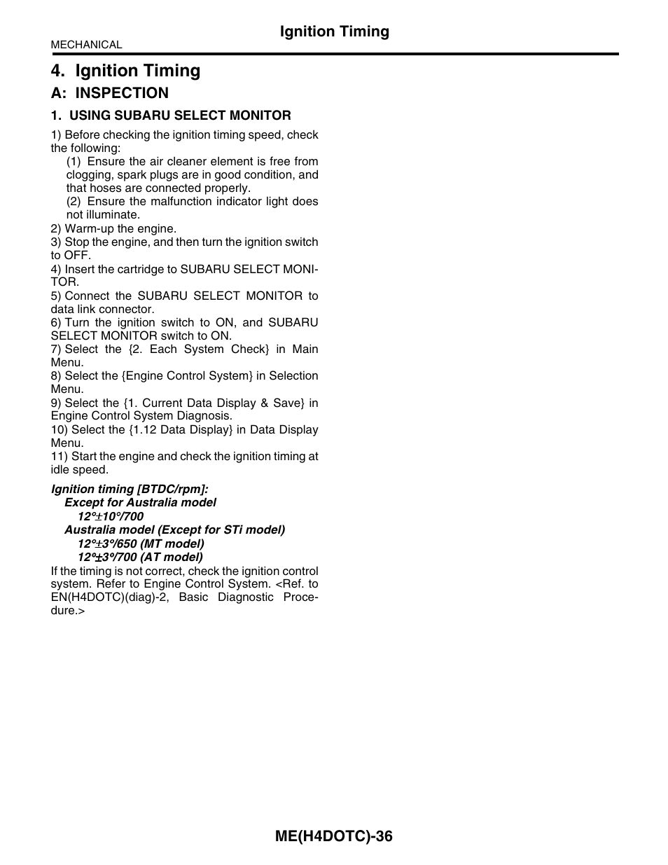 Ignition timing, A: inspection | Subaru Impreza 2004 User Manual | Page 37 / 56