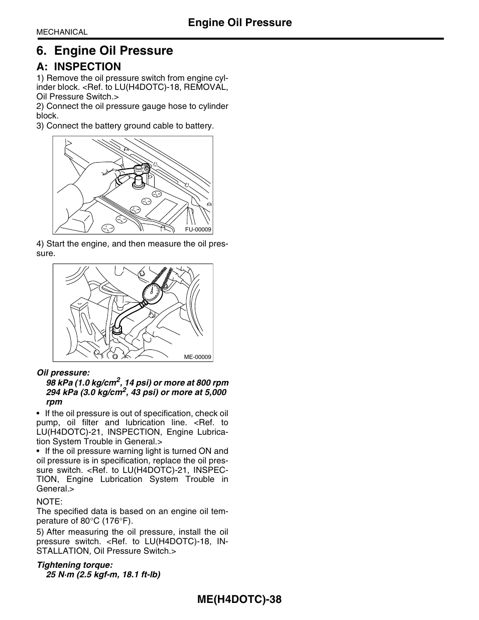 Engine oil pressure, A: inspection, Me(h4dotc)-38 | Subaru Impreza 2004 User Manual | Page 39 / 56