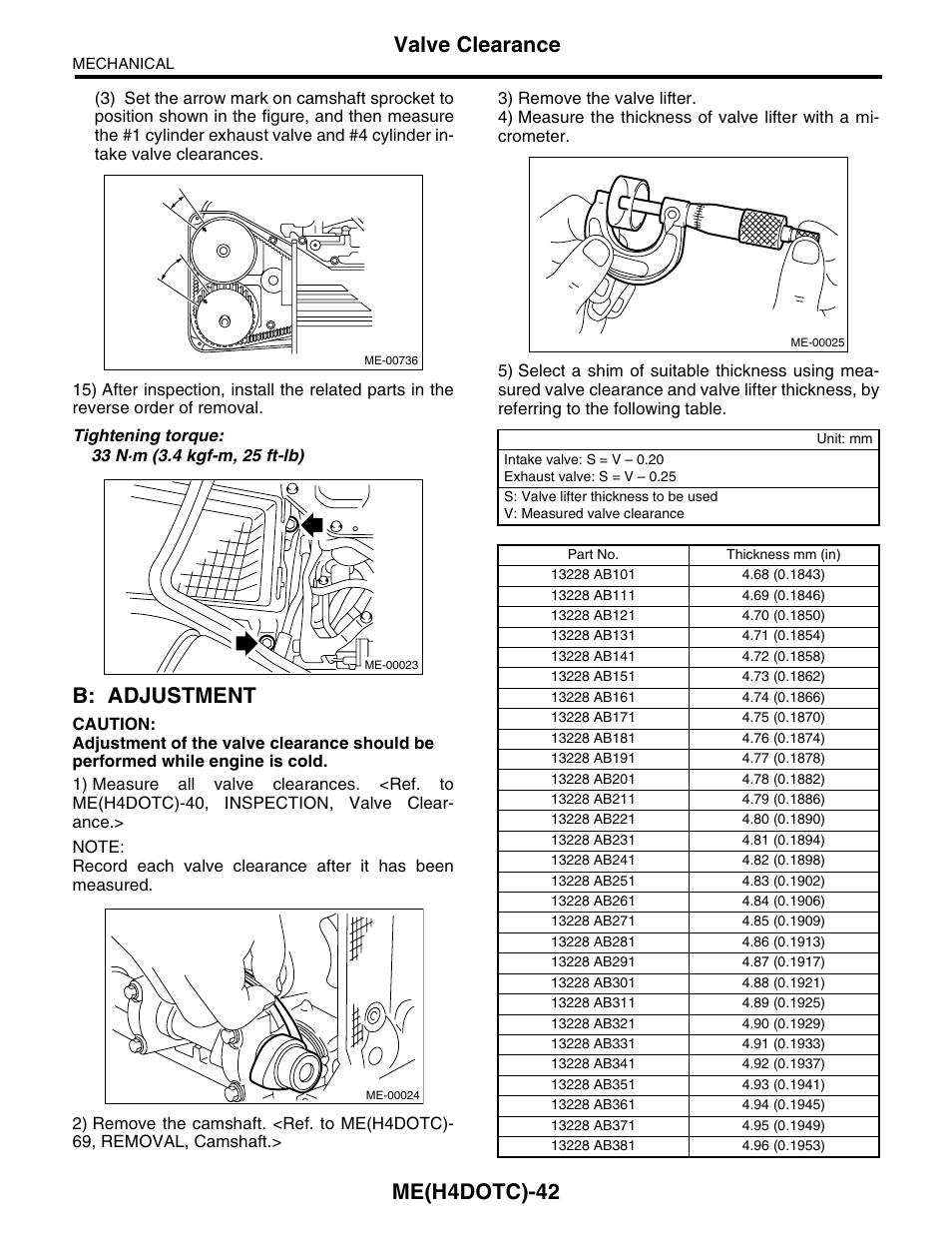 B: adjustment, Me(h4dotc)-42, Valve clearance | Subaru Impreza 2004 User Manual | Page 43 / 56