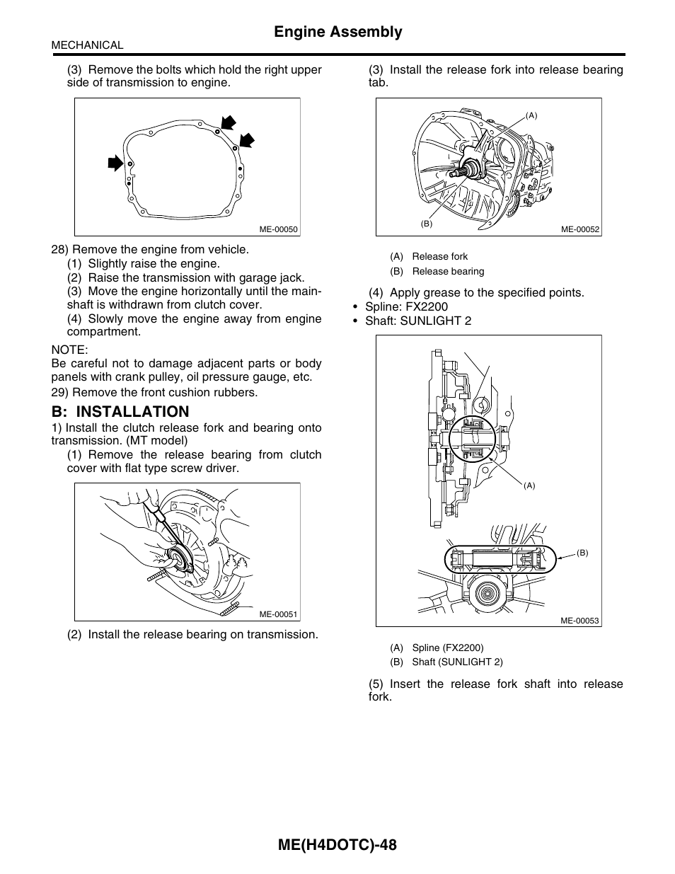 B: installation, Me(h4dotc)-48, Engine assembly | Subaru Impreza 2004 User Manual | Page 49 / 56