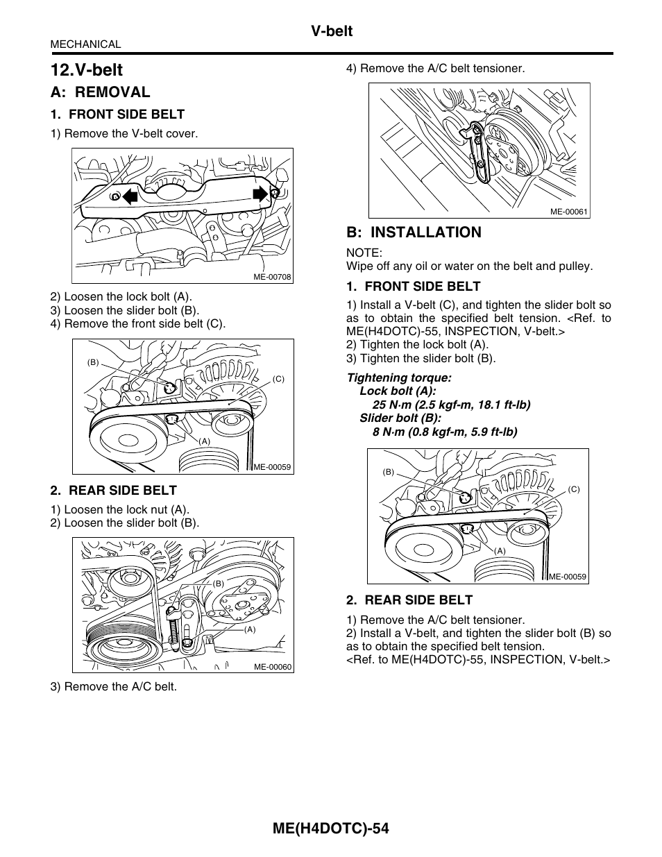 V-belt, A: removal, B: installation | Me(h4dotc)-54 | Subaru Impreza 2004 User Manual | Page 55 / 56