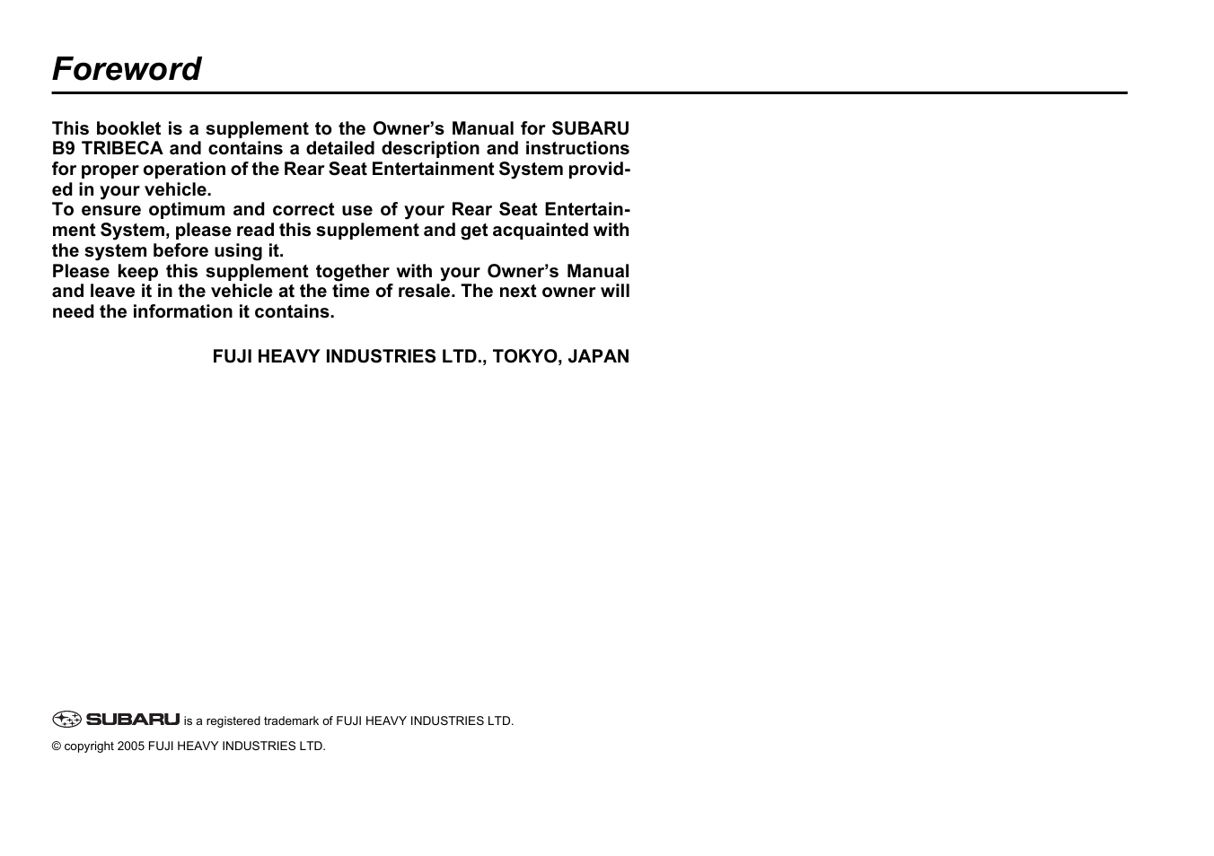 Subaru B9 TRIBECA User Manual | 59 pages