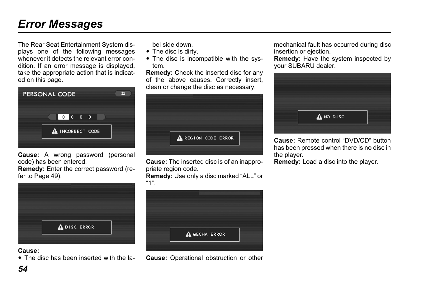 Error messages | Subaru B9 TRIBECA User Manual | Page 55 / 59