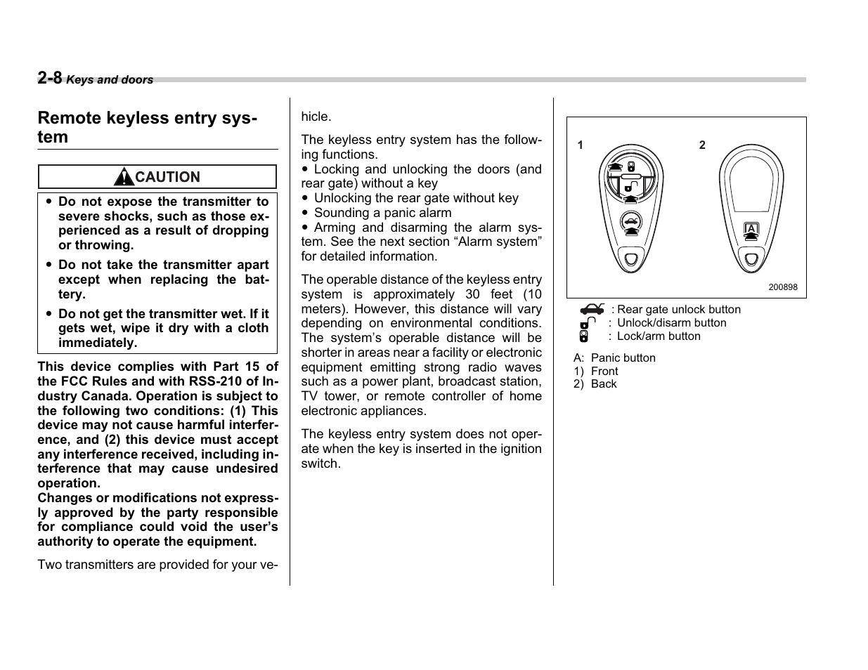 Remote keyless entry sys- tem | Subaru A3100BE User Manual | Page 102 / 376