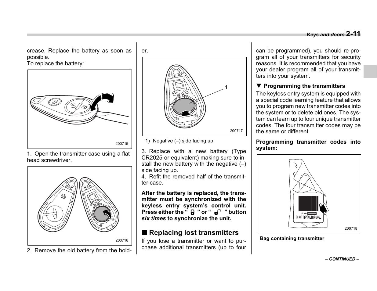Replacing lost transmitters | Subaru A3100BE User Manual | Page 105 / 376