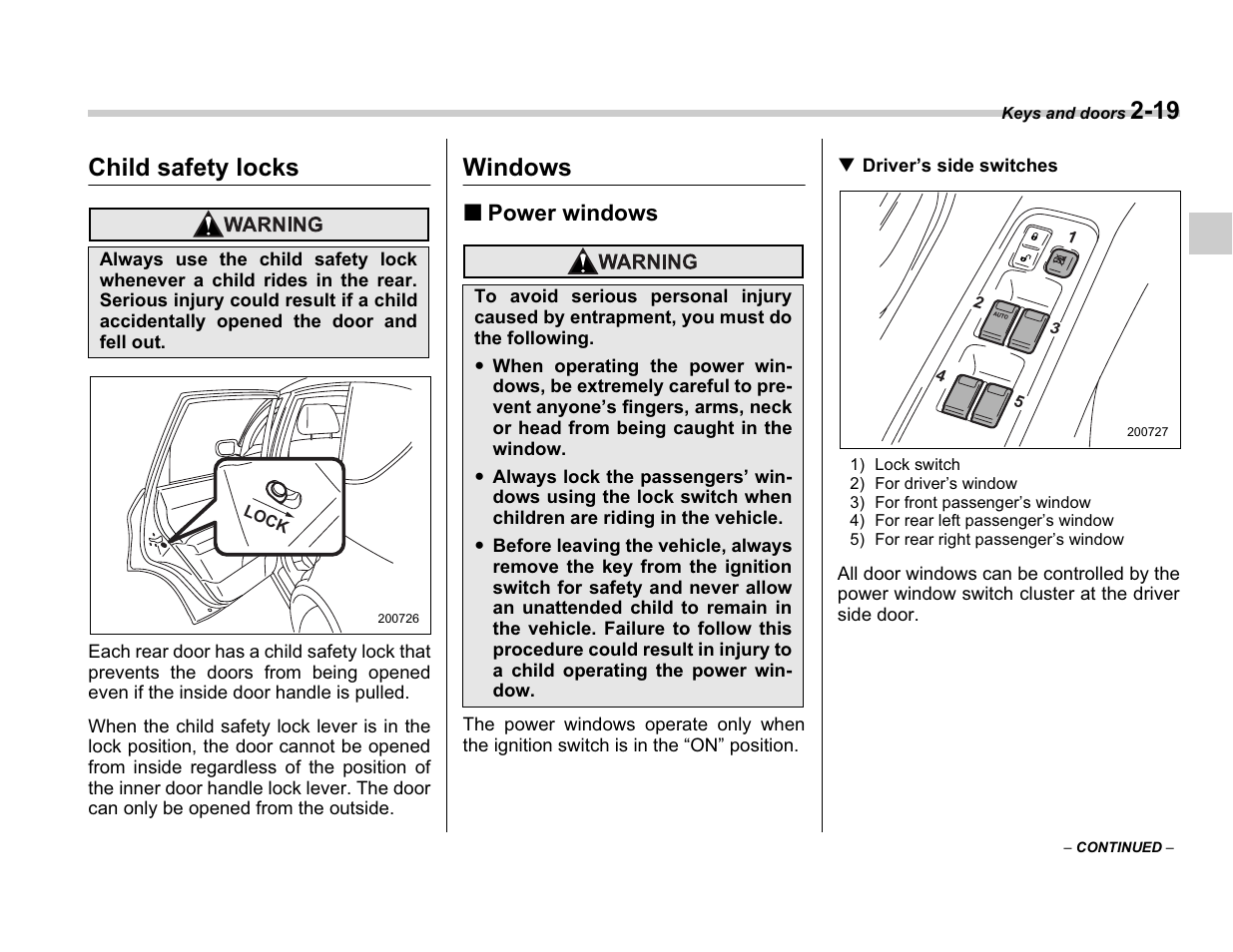 Child safety locks, Windows | Subaru A3100BE User Manual | Page 113 / 376