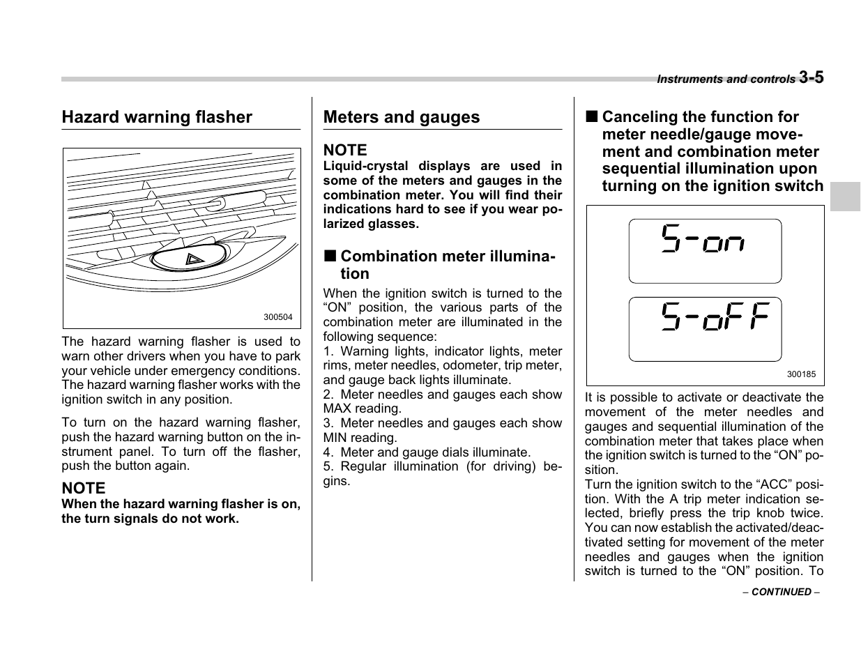 Hazard warning flasher, Meters and gauges | Subaru A3100BE User Manual | Page 125 / 376