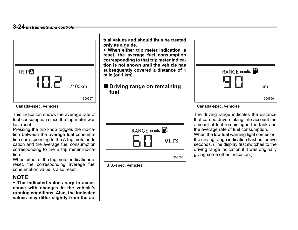 Driving range on remaining fuel | Subaru A3100BE User Manual | Page 144 / 376