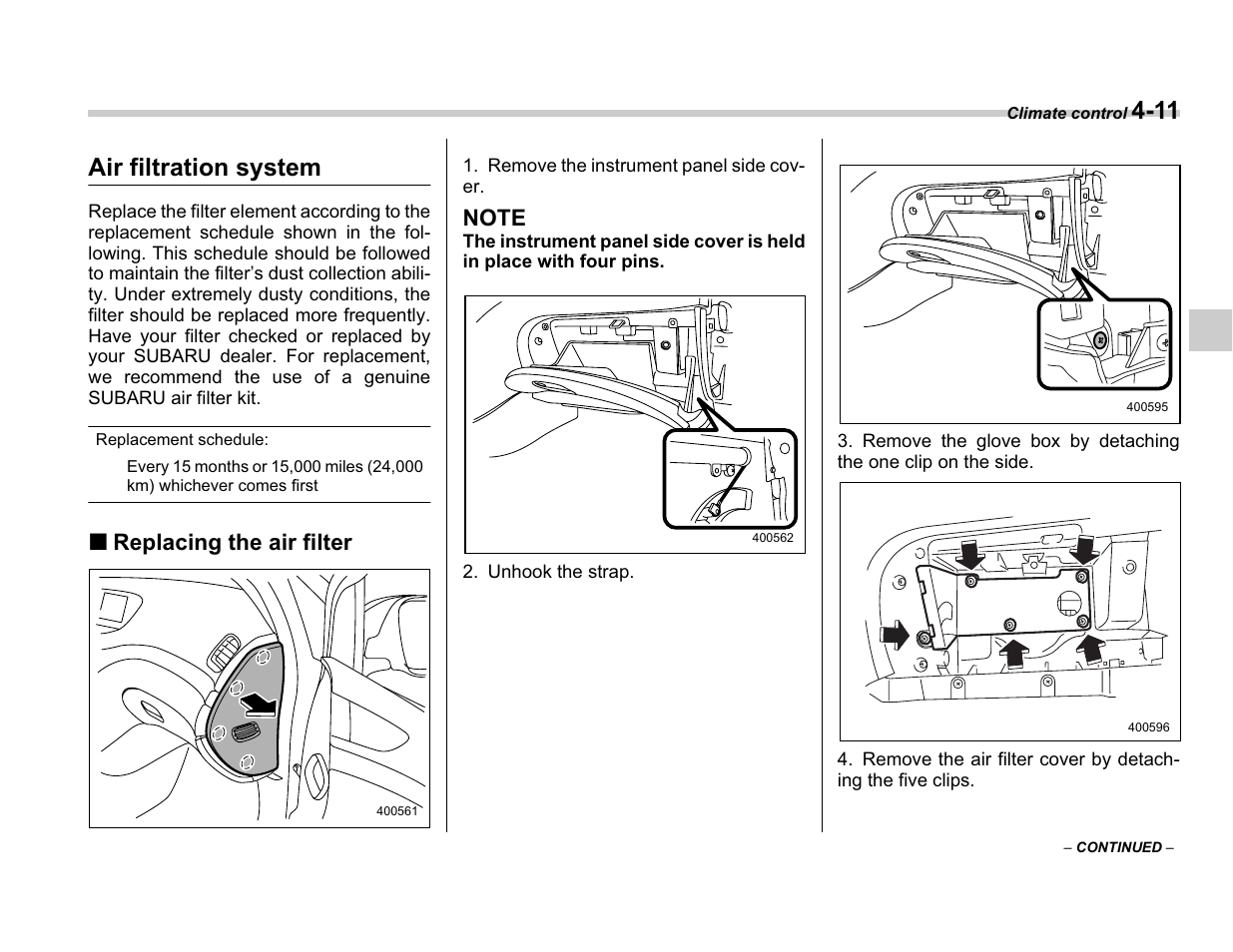 Air filtration system, Replacing the air filter | Subaru A3100BE User Manual | Page 169 / 376