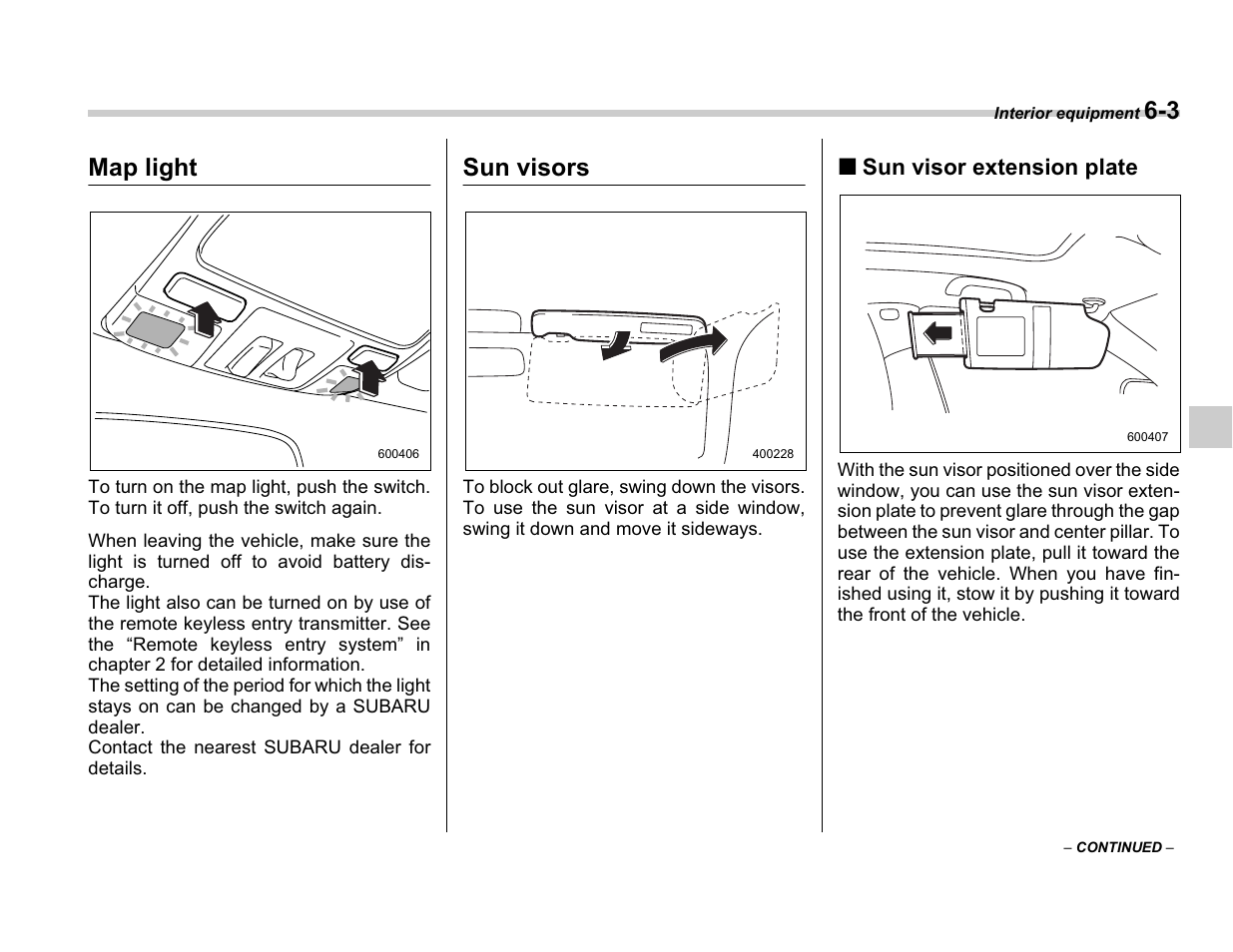 Map light, Sun visors | Subaru A3100BE User Manual | Page 199 / 376