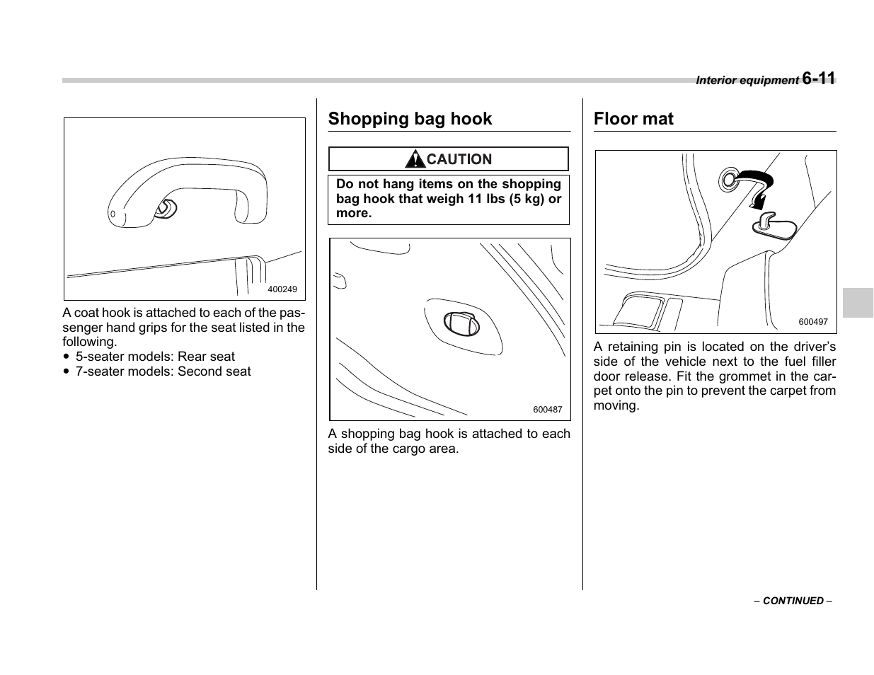 Shopping bag hook, Floor mat | Subaru A3100BE User Manual | Page 207 / 376