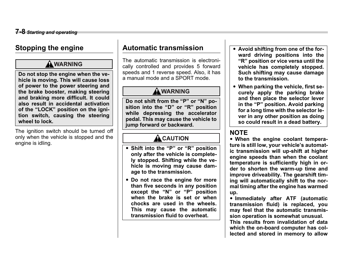 Stopping the engine, Automatic transmission | Subaru A3100BE User Manual | Page 222 / 376