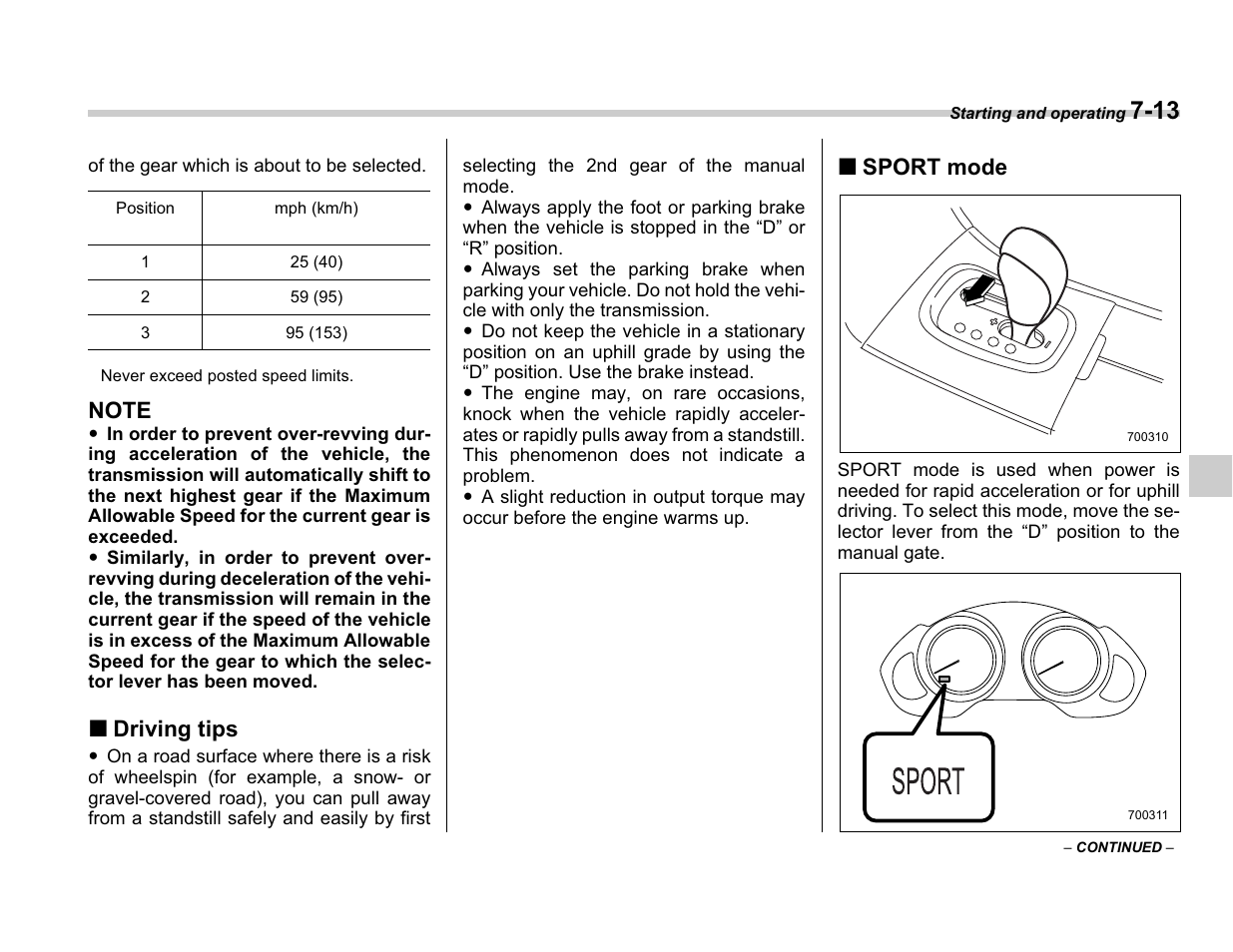 Driving tips, Sport mode | Subaru A3100BE User Manual | Page 227 / 376