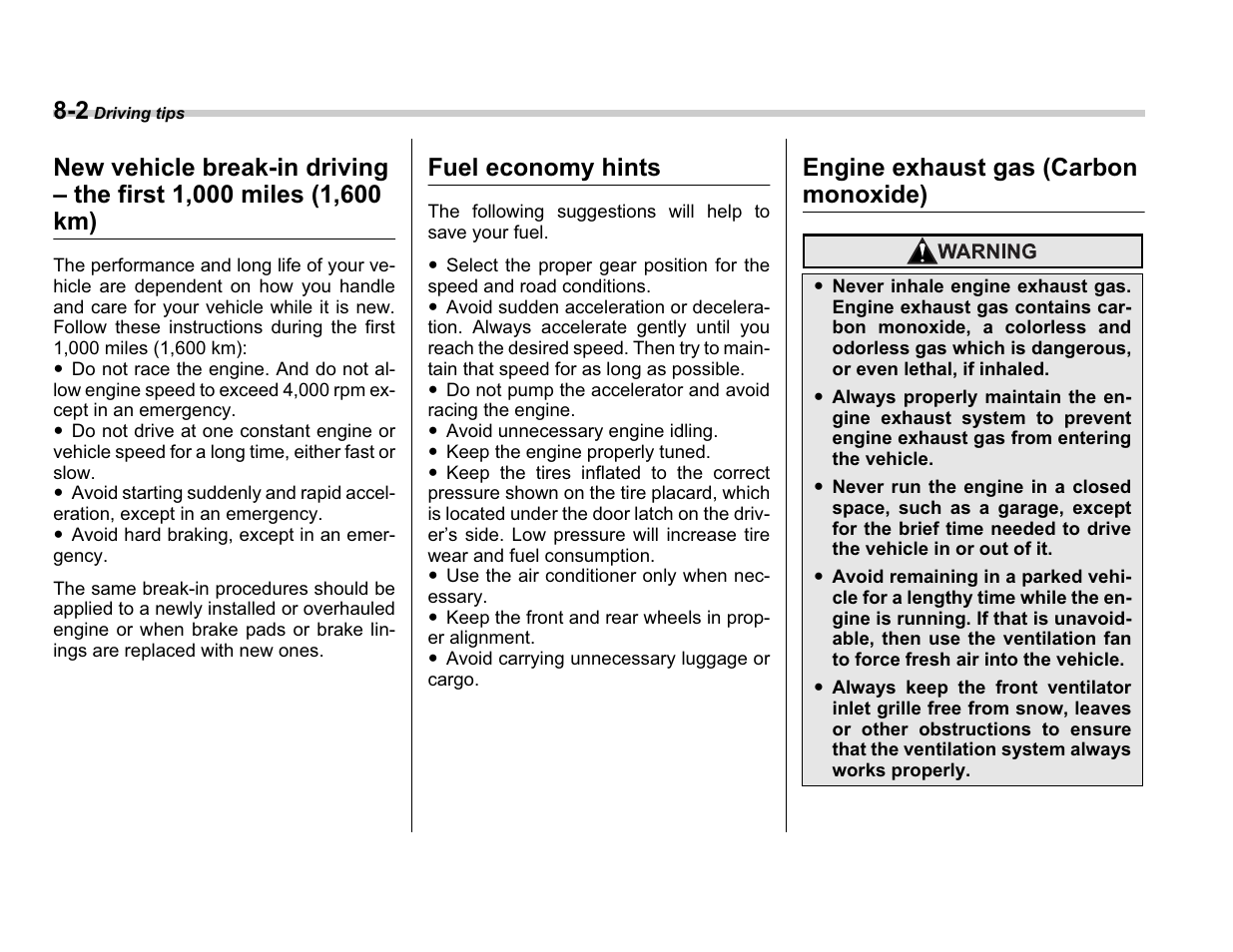 Fuel economy hints, Engine exhaust gas (carbon monoxide) | Subaru A3100BE User Manual | Page 246 / 376