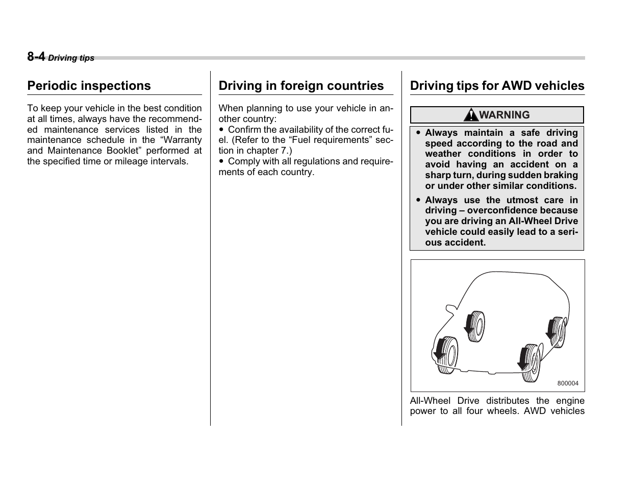Periodic inspections, Driving in foreign countries, Driving tips for awd vehicles | Subaru A3100BE User Manual | Page 248 / 376