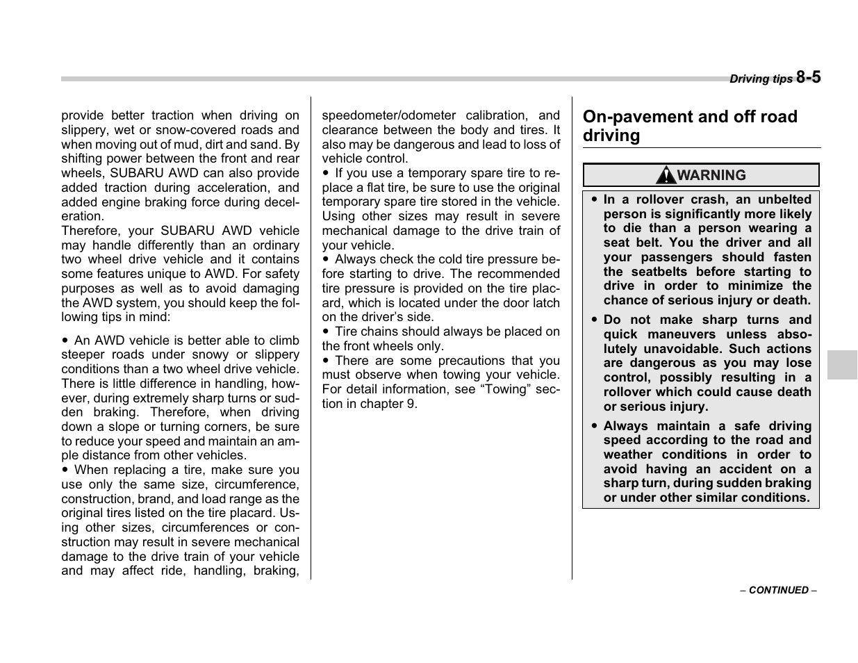 On-pavement and off road driving | Subaru A3100BE User Manual | Page 249 / 376