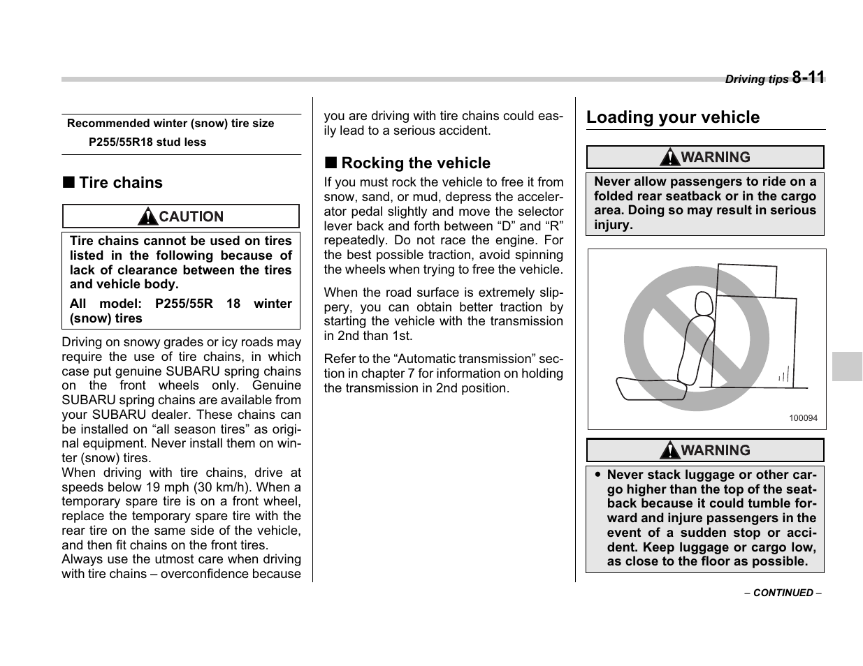 Loading your vehicle | Subaru A3100BE User Manual | Page 255 / 376