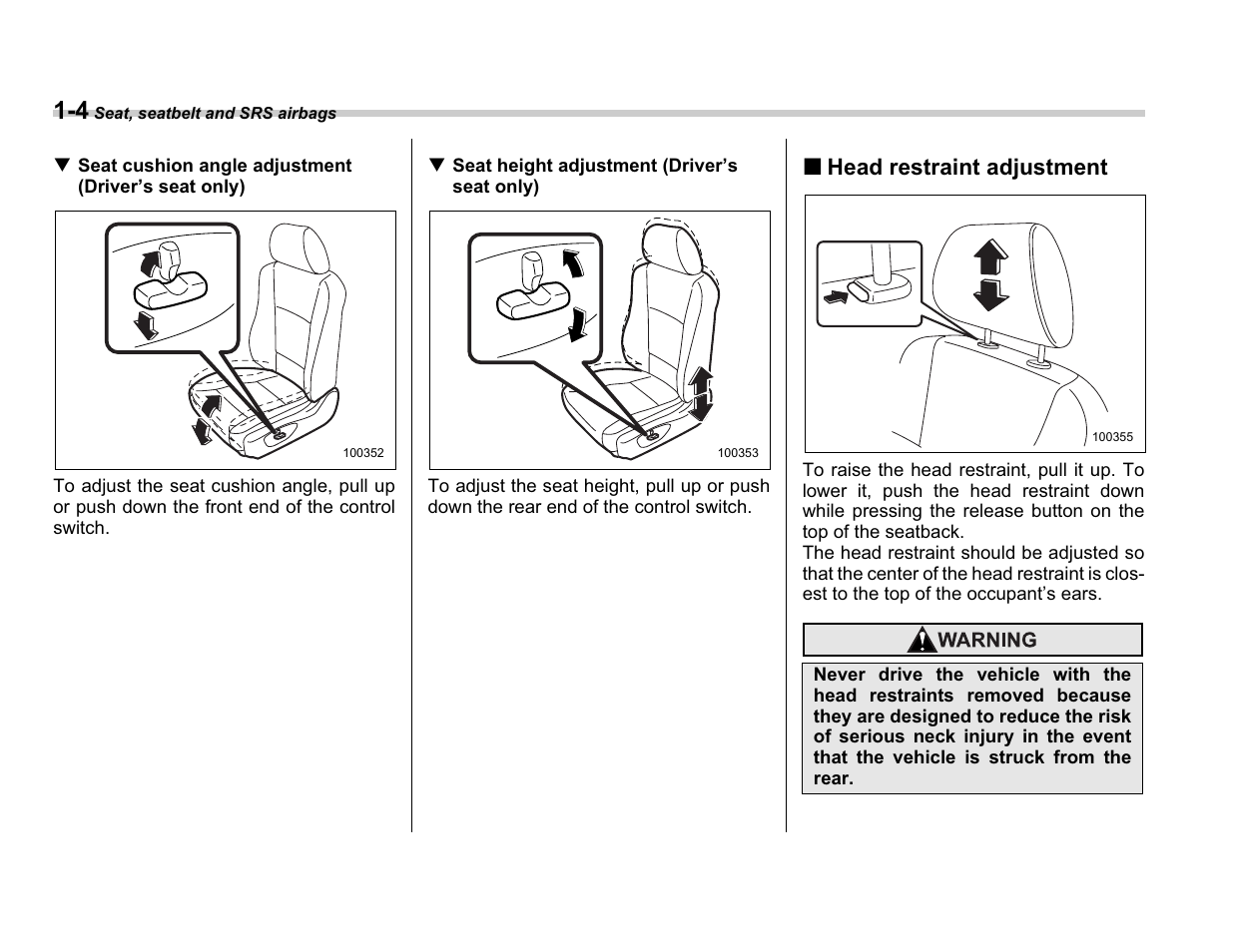 Head restraint adjustment | Subaru A3100BE User Manual | Page 28 / 376