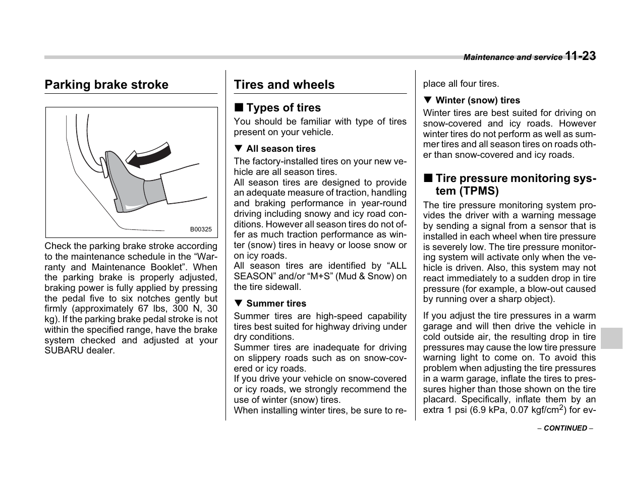 Parking brake stroke, Tires and wheels | Subaru A3100BE User Manual | Page 319 / 376