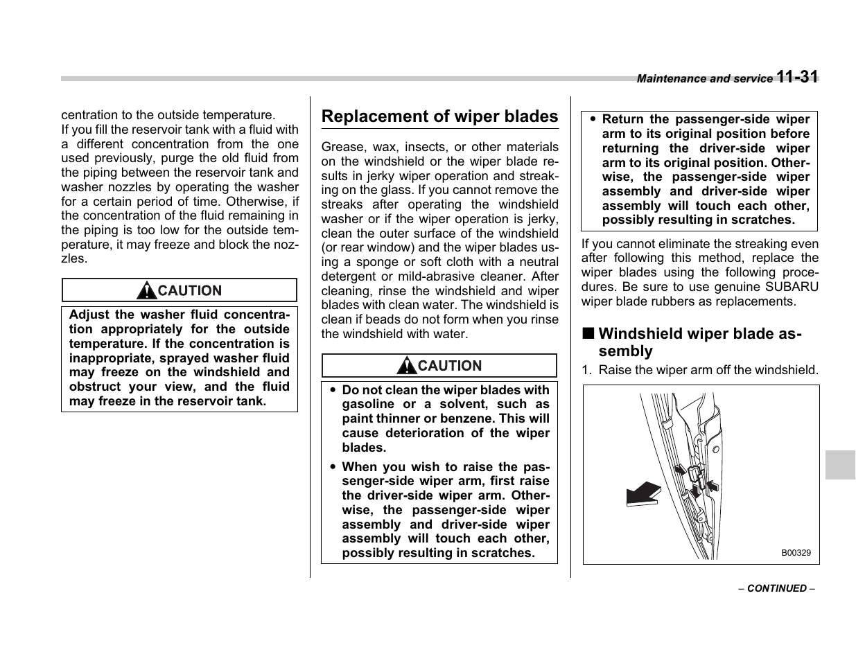 Replacement of wiper blades | Subaru A3100BE User Manual | Page 327 / 376