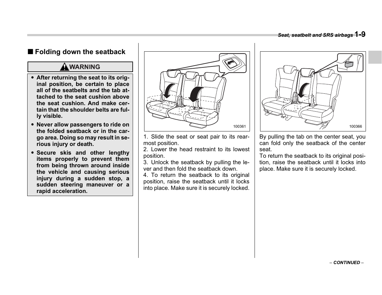 Folding down the seatback | Subaru A3100BE User Manual | Page 33 / 376