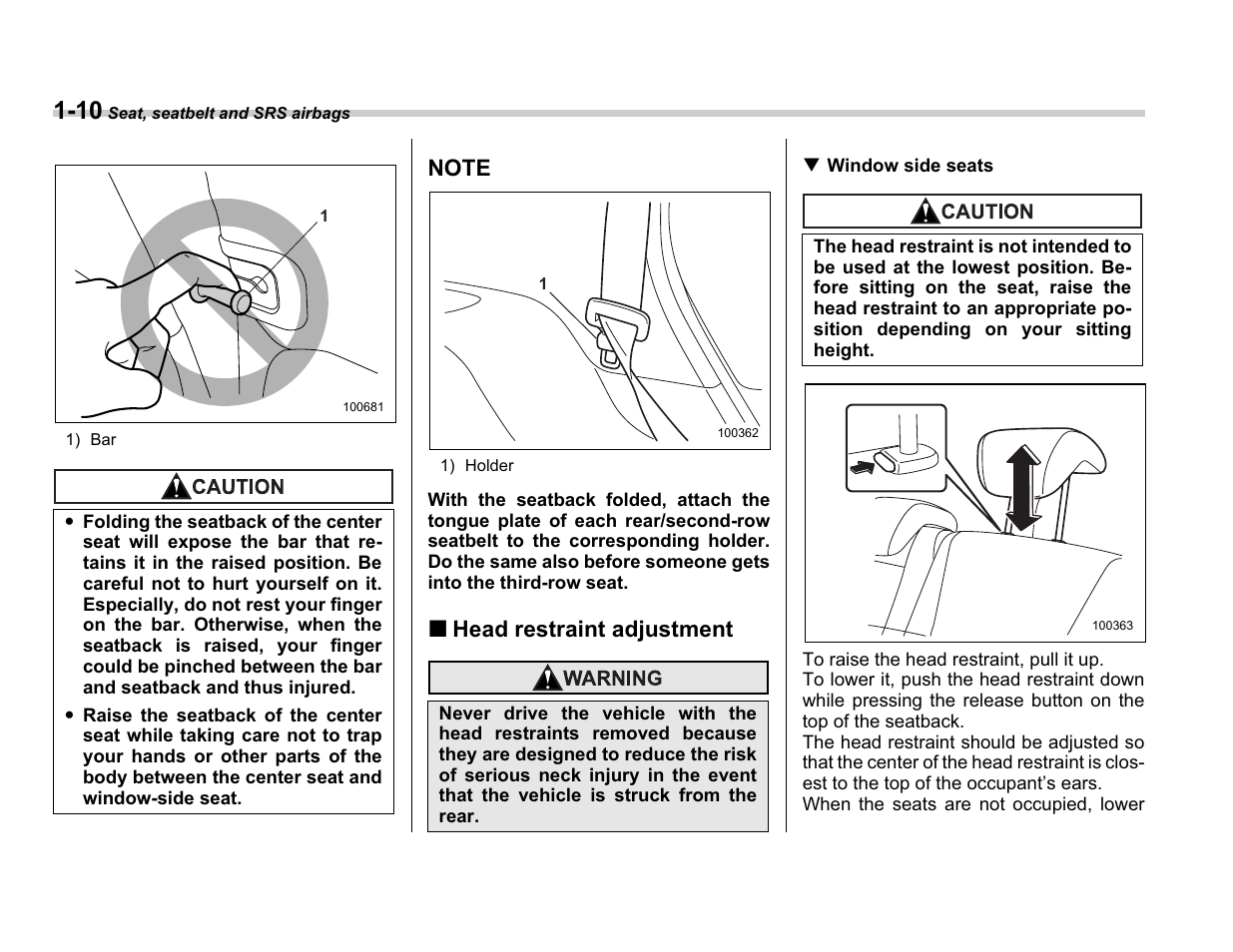 Head restraint adjustment | Subaru A3100BE User Manual | Page 34 / 376