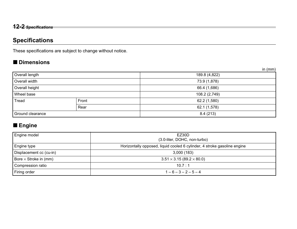 Specifications, Dimensions, Engine | Subaru A3100BE User Manual | Page 344 / 376