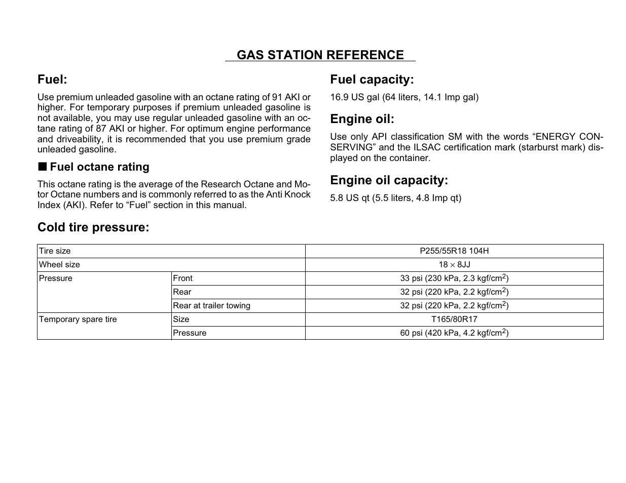 Gas station reference fuel, Fuel capacity, Engine oil | Engine oil capacity, Cold tire pressure, Fuel octane rating | Subaru A3100BE User Manual | Page 376 / 376