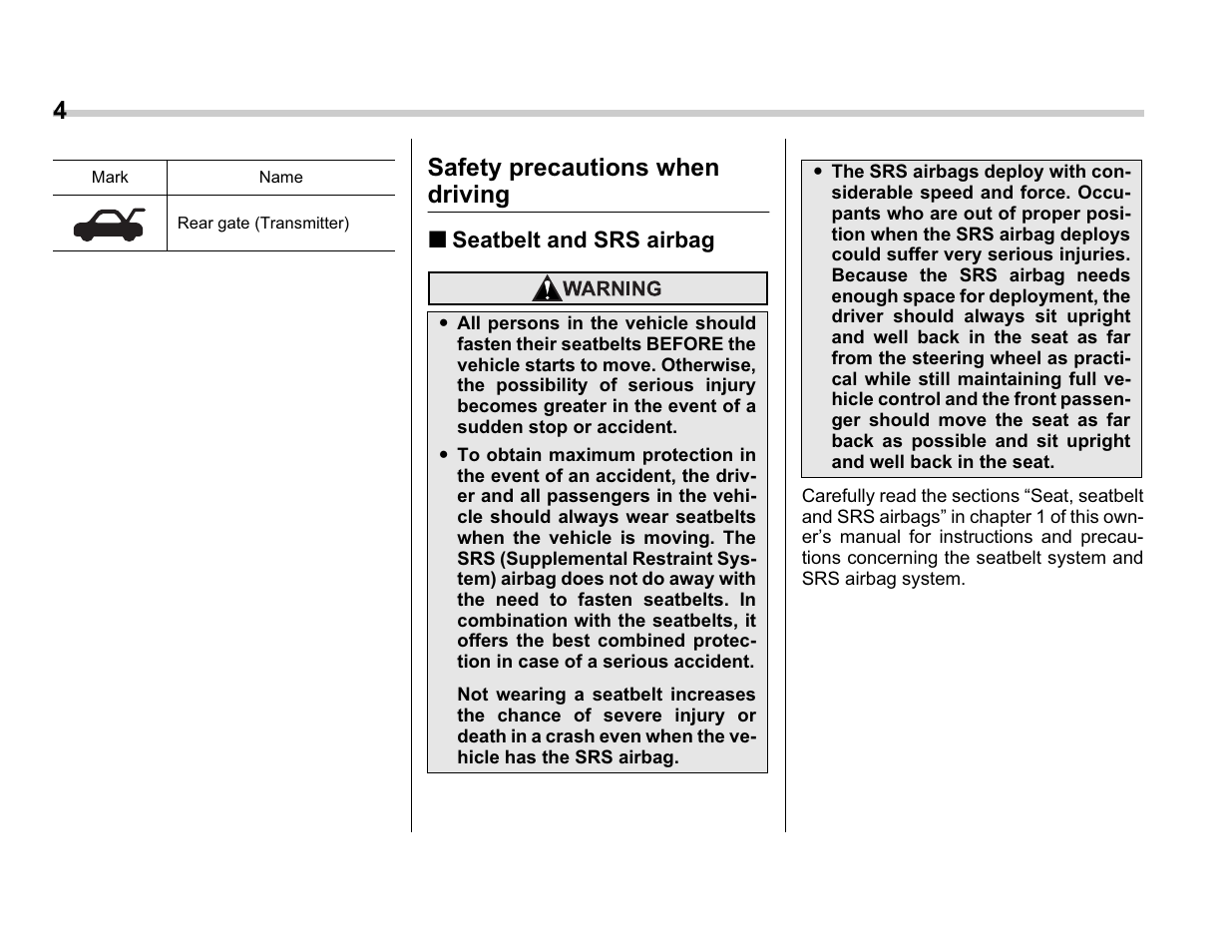 4safety precautions when driving | Subaru A3100BE User Manual | Page 6 / 376