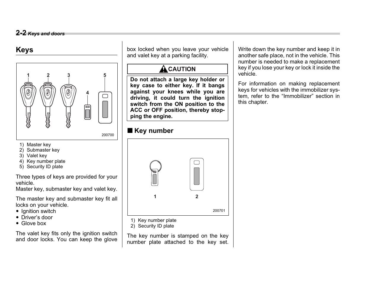 Keys, Key number | Subaru A3100BE User Manual | Page 96 / 376