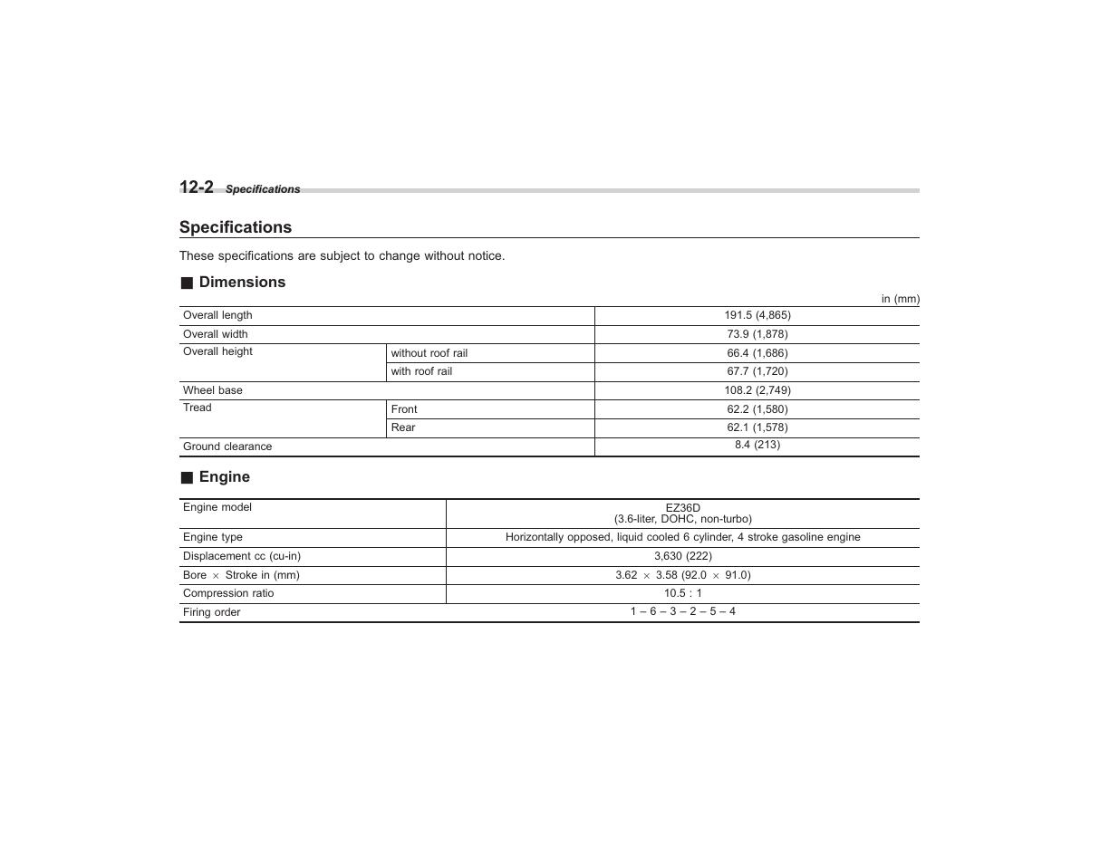 Specifications, Dimensions, Engine | Subaru 2008 TRIBECA User Manual | Page 374 / 409