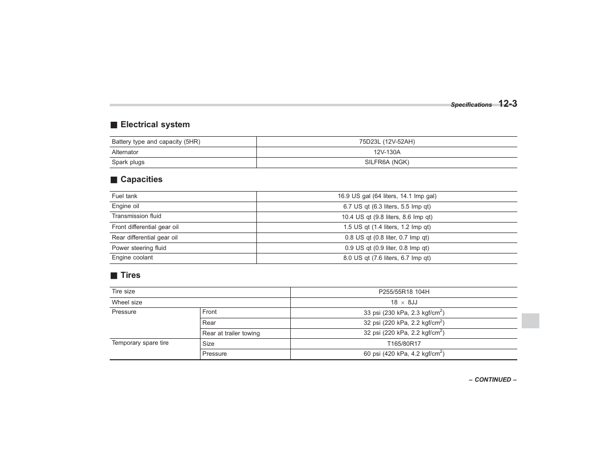 Electrical system, Capacities, Tires | Subaru 2008 TRIBECA User Manual | Page 375 / 409