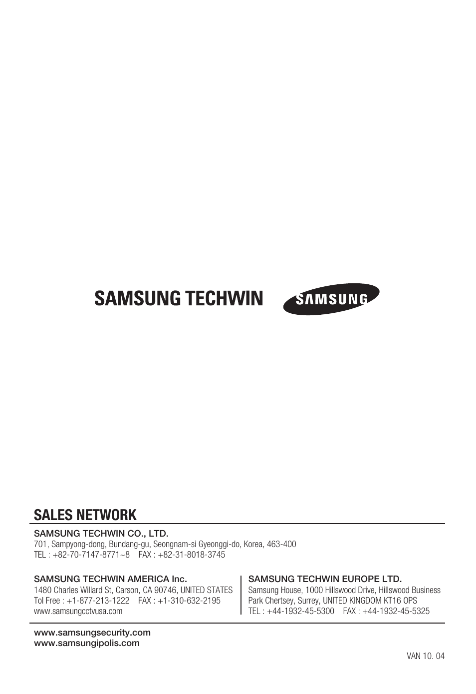 Sales network | Sharp SND-5080 User Manual | Page 101 / 101