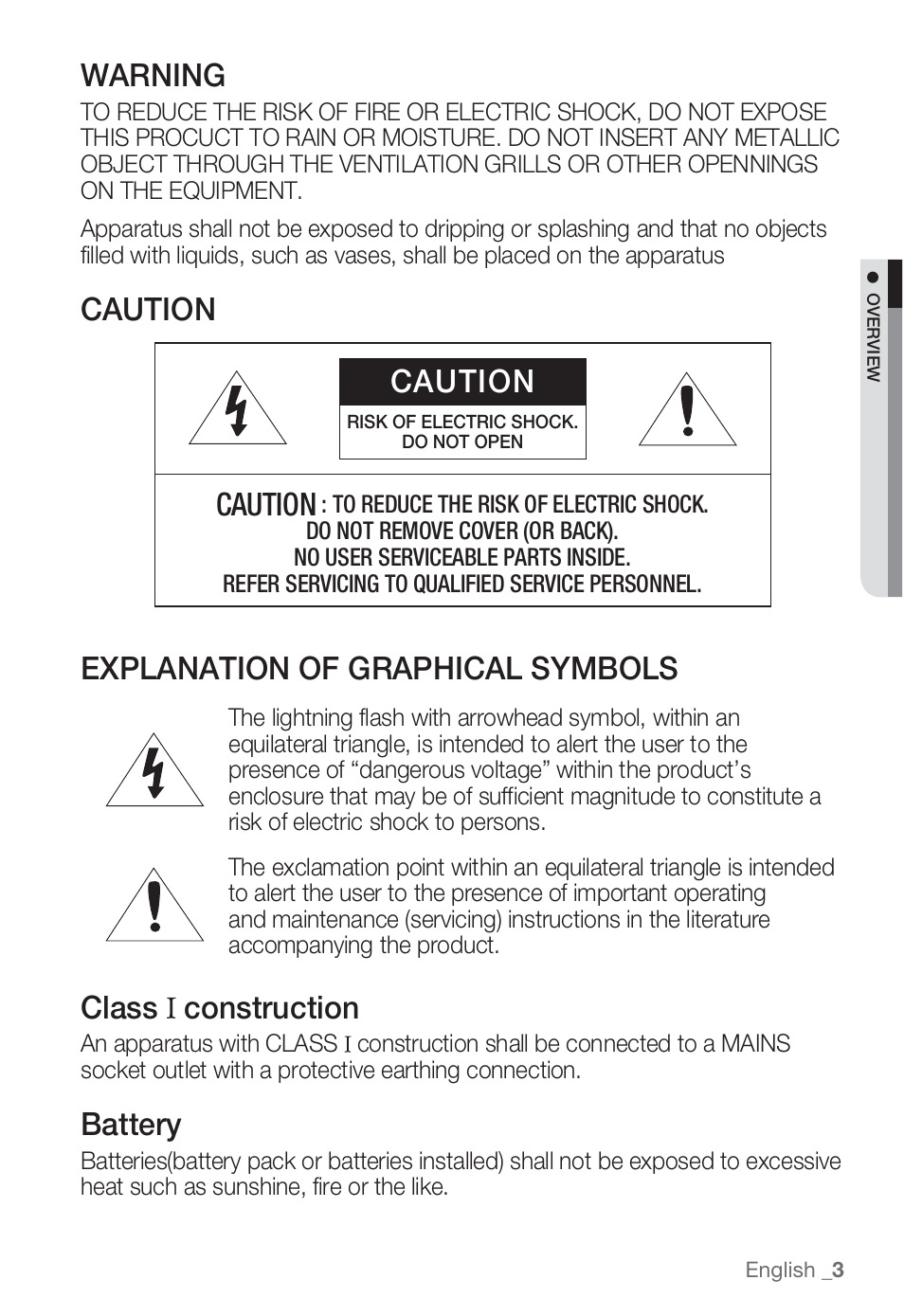 Warning, Caution, Explanation of graphical symbols | Class construction, Battery | Sharp SND-5080 User Manual | Page 3 / 101