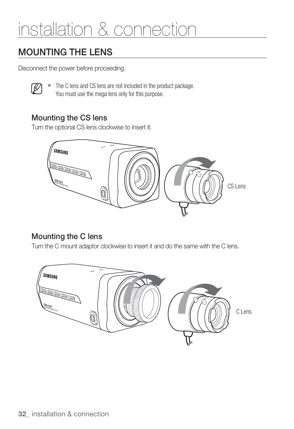 Installation & connection, Mounting the lens, Mounting the cs lens | Mounting the c lens | Sharp SND-5080 User Manual | Page 32 / 101