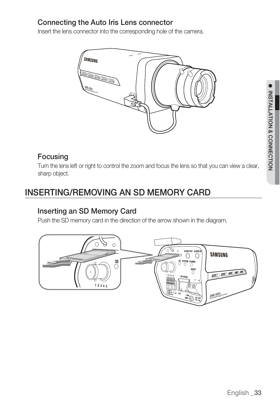 Connecting the auto iris lens connector, Focusing, English _33 | Sharp SND-5080 User Manual | Page 33 / 101