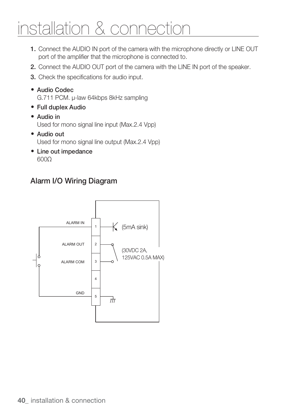 Installation & connection, Alarm i/o wiring diagram | Sharp SND-5080 User Manual | Page 40 / 101