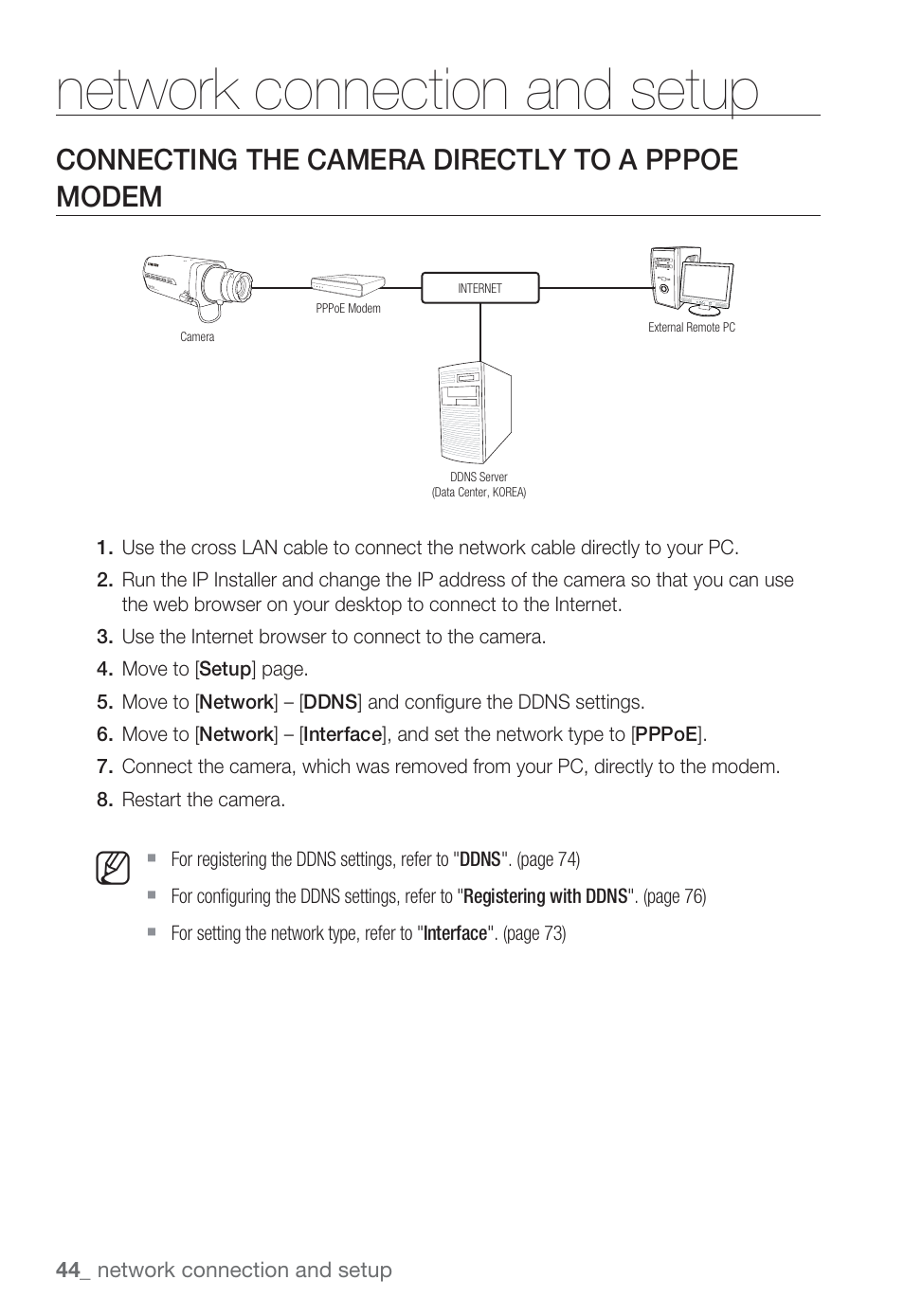 Network connection and setup, Connecting the camera directly to a pppoe modem | Sharp SND-5080 User Manual | Page 44 / 101