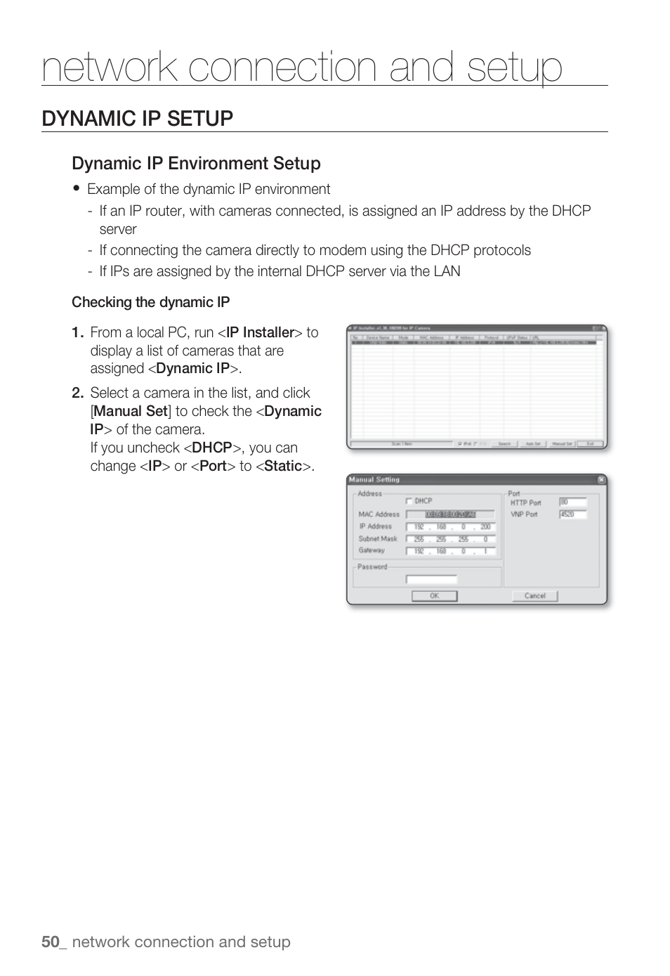 Network connection and setup, Dynamic ip setup | Sharp SND-5080 User Manual | Page 50 / 101