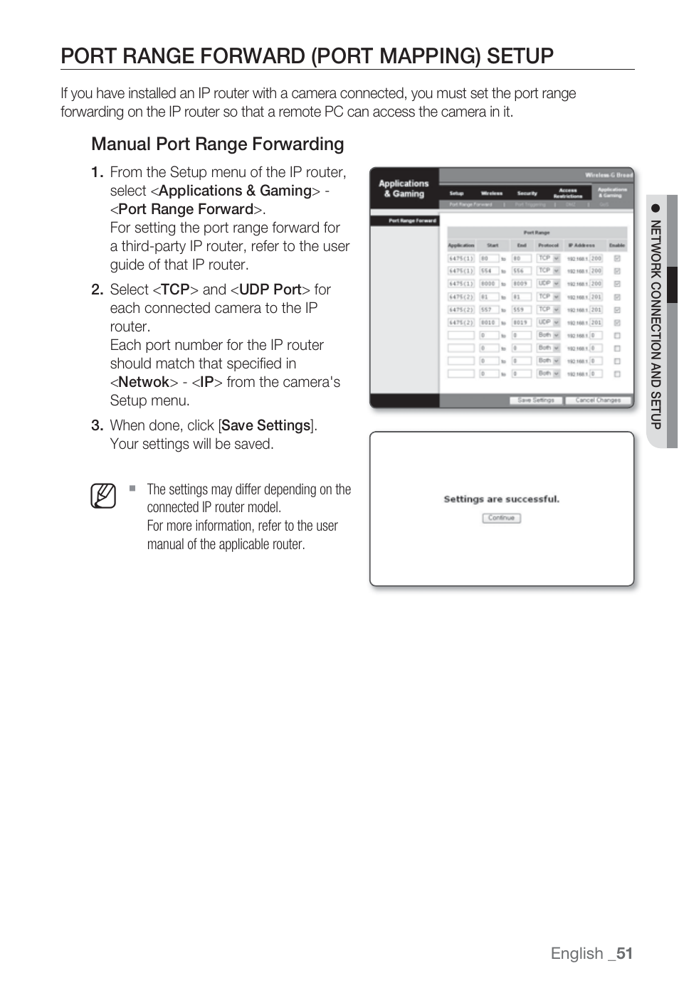 Port range forward (port mapping) setup | Sharp SND-5080 User Manual | Page 51 / 101