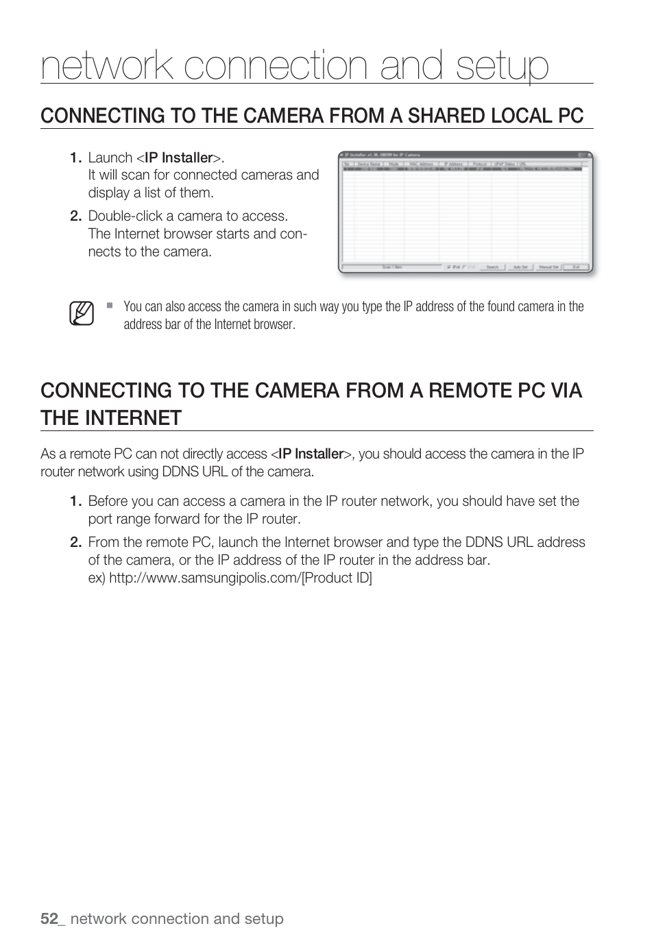 Network connection and setup, Connecting to the camera from a shared local pc | Sharp SND-5080 User Manual | Page 52 / 101