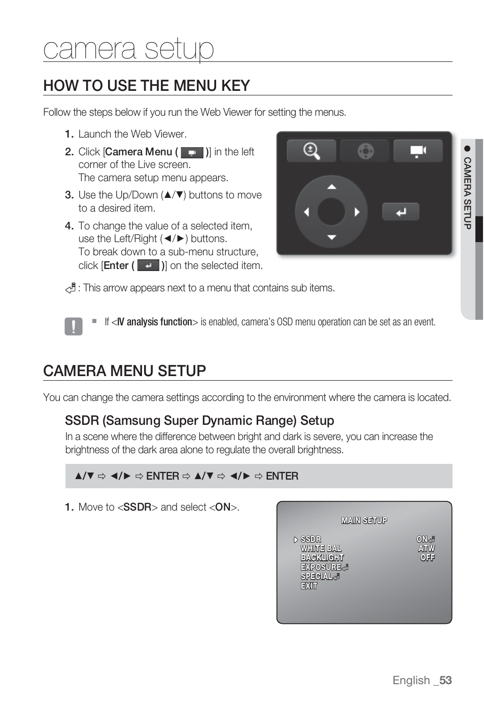 Camera setup, How to use the menu key, Camera menu setup | Sharp SND-5080 User Manual | Page 53 / 101