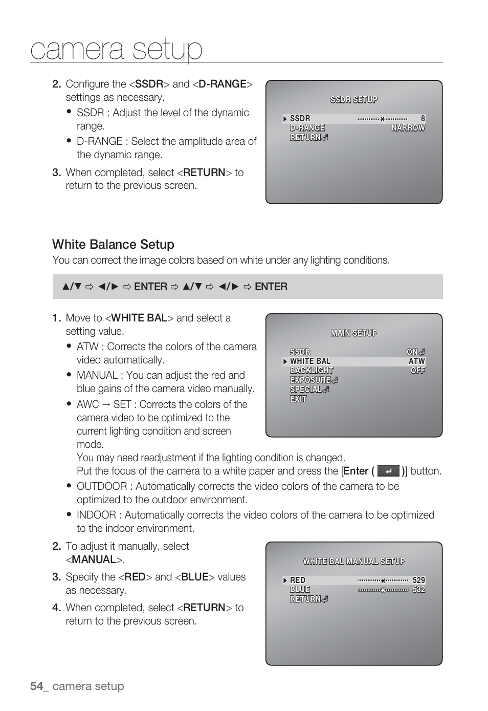 Camera setup, White balance setup | Sharp SND-5080 User Manual | Page 54 / 101