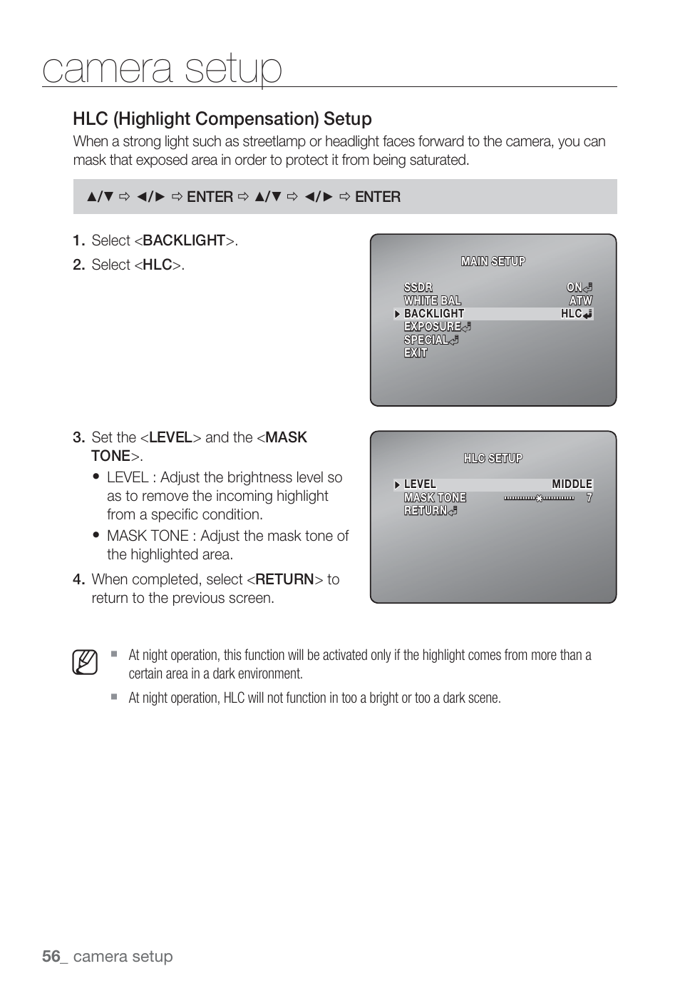 Camera setup, Hlc (highlight compensation) setup | Sharp SND-5080 User Manual | Page 56 / 101