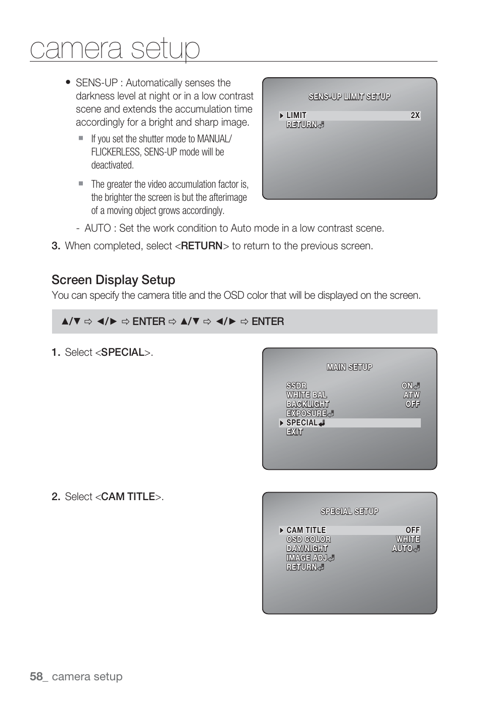 Camera setup, Screen display setup | Sharp SND-5080 User Manual | Page 58 / 101